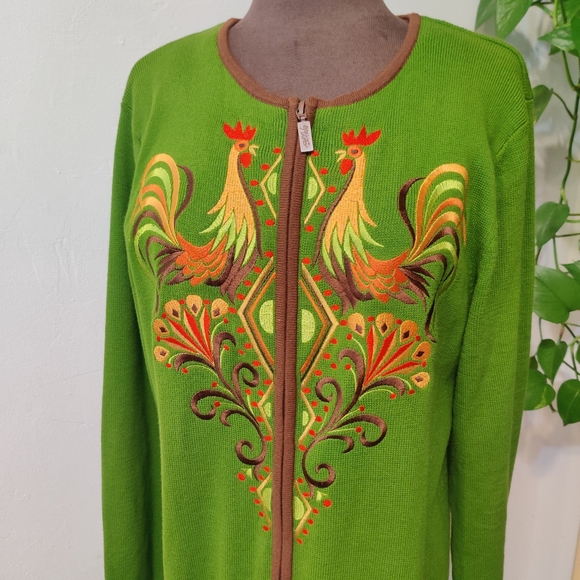 Bob Mackie Wearable Art Vintage Rooster Floral Zip Up Sweater - Picture 4 of 8